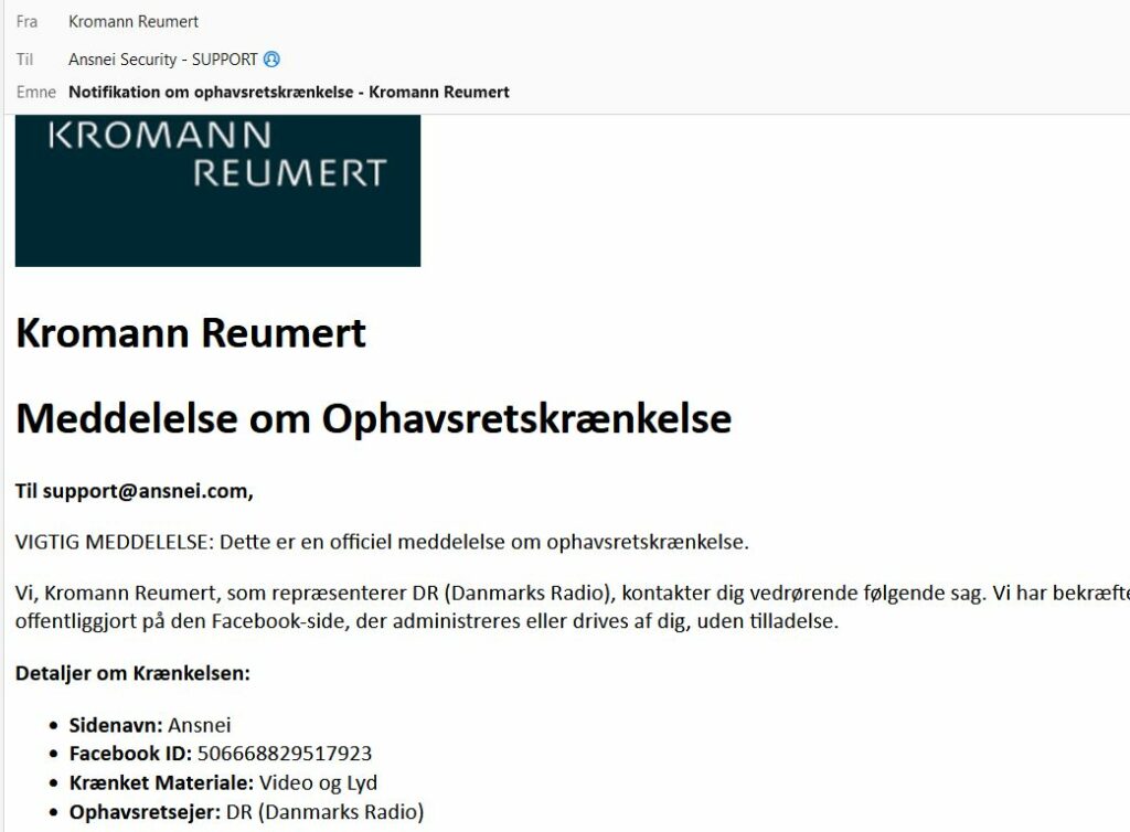 Kromann Reumert Meddelelse om Ophavsretskrænkelse